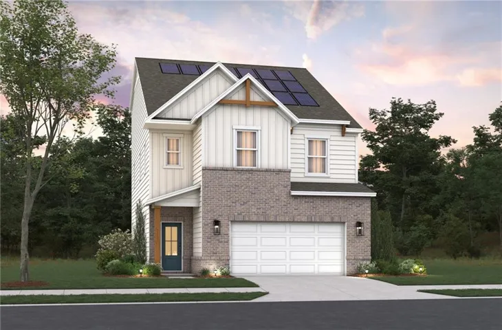 Modern-style residence featuring a two-car garage, solar panels, and a mixed-material facade with board and batten siding and brick accents