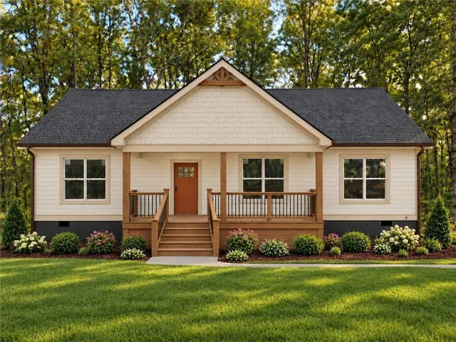 White siding exterior with a dark shingle roof and a covered front porch featuring wood-finish railings