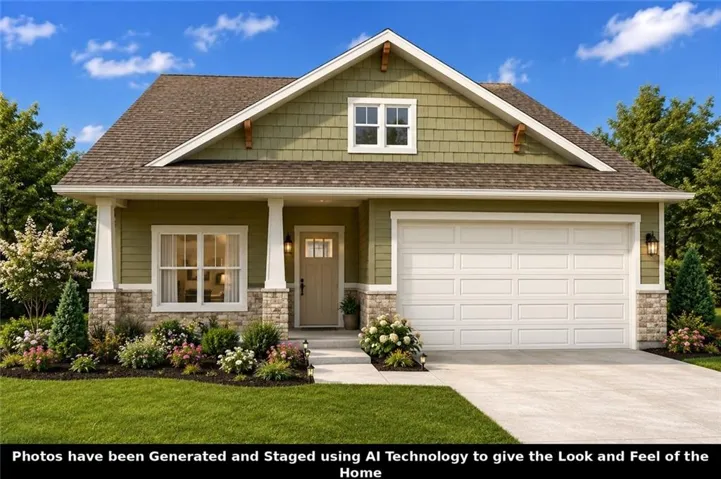 Craftsman-style home featuring a gabled roofline, mixed siding of horizontal panels and shingles, stone veneer accents, an attached two-car garage, and a covered front entry with white columns