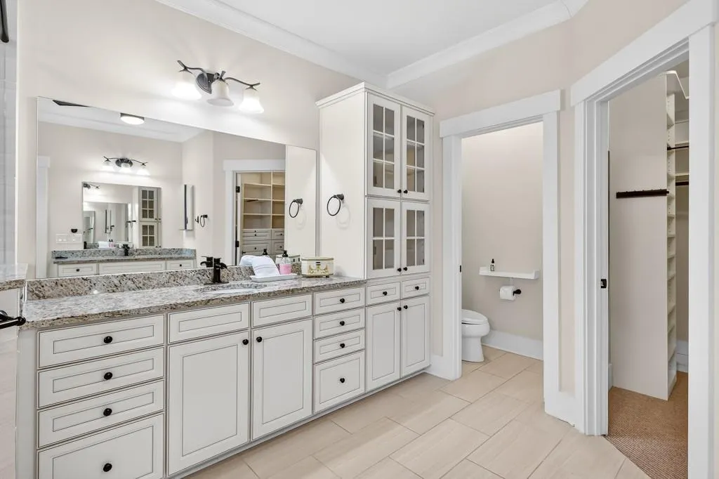 Full bathroom featuring a spacious closet, ornamental molding, and vanity