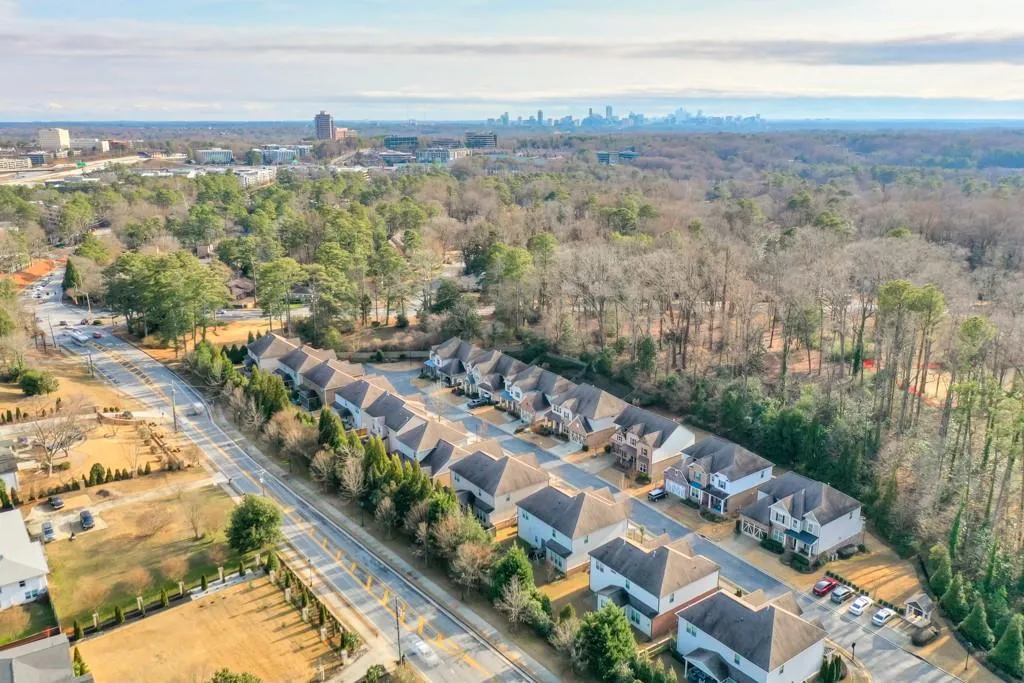 Aerial perspective of suburban area featuring a forest