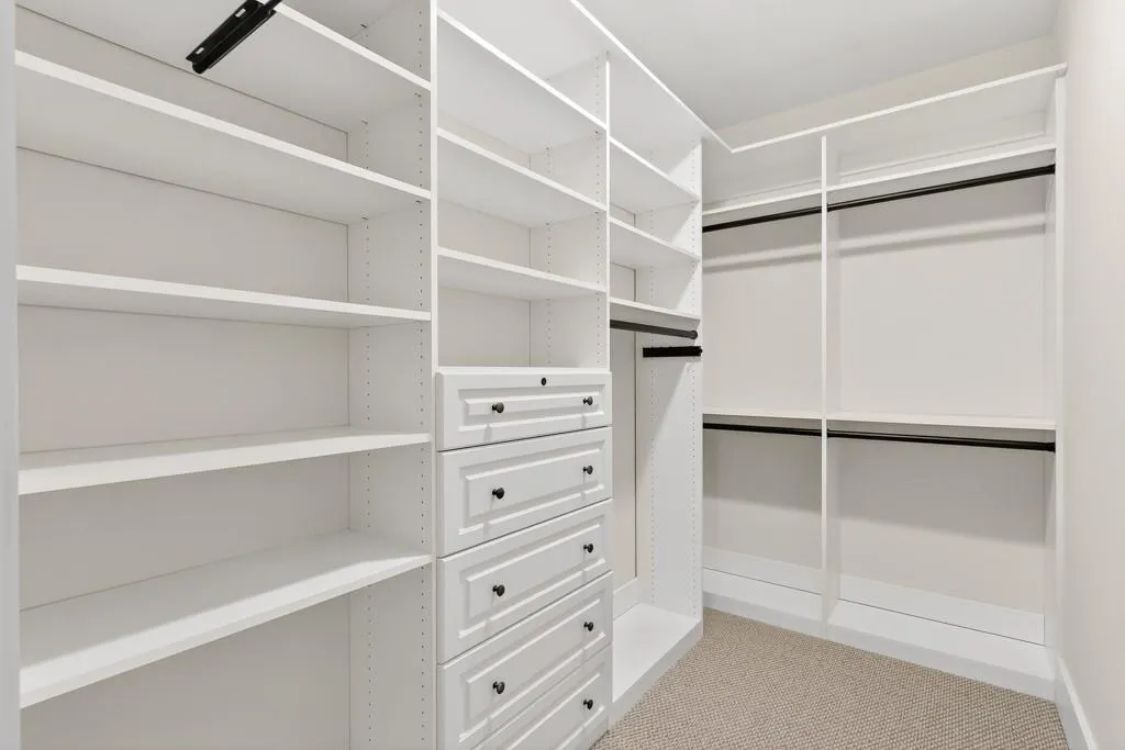 Walk in closet featuring light colored carpet