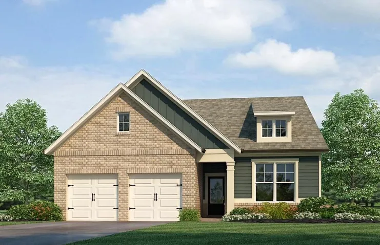 Brick and siding exterior with a two-car garage