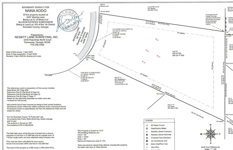 Subdivision Plat for Rena Addo. Survey document depicting property boundaries, lot divisions, easements, and infrastructure details for the subject property in Rockdale County, Georgia