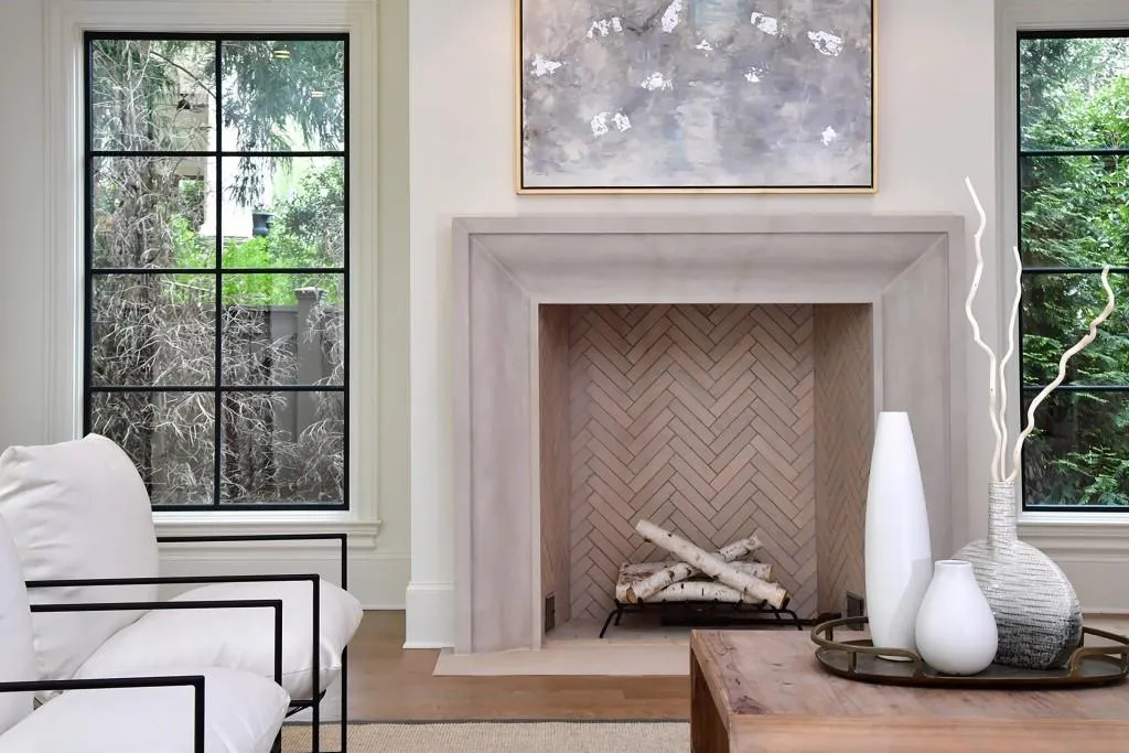 Limestone fireplace