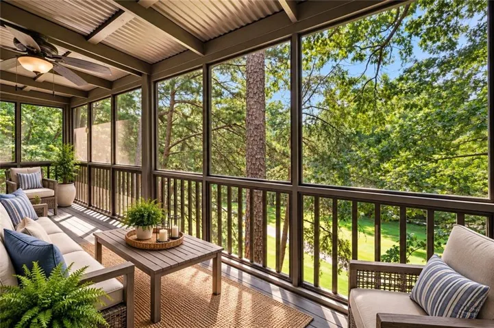 screened in porch with golf course views - virtually staged