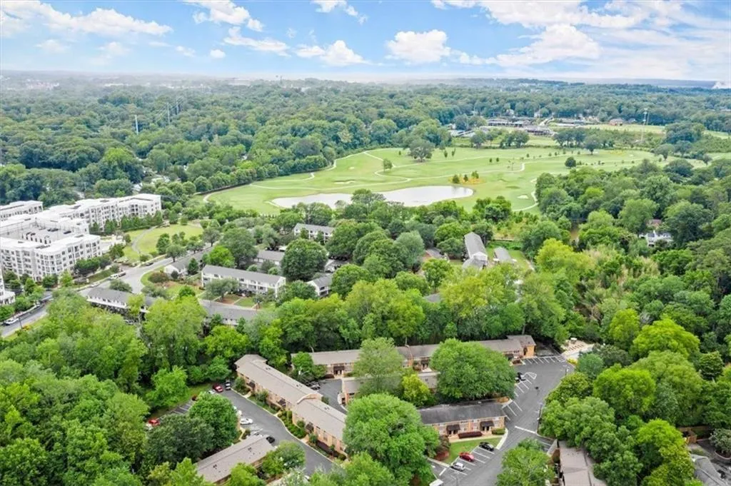 Bird's eye view of a large body of water and a golf course