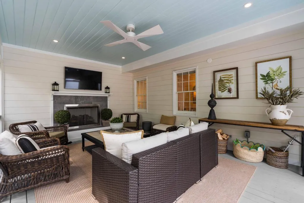 Screen porch with gas fireplace