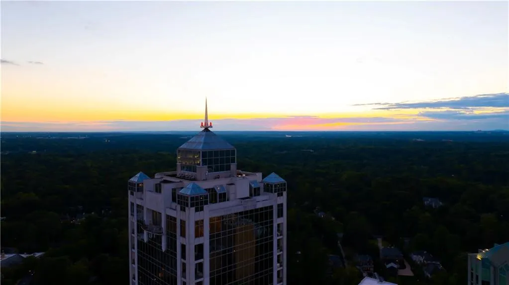 Aerial view at dusk of a wooded view