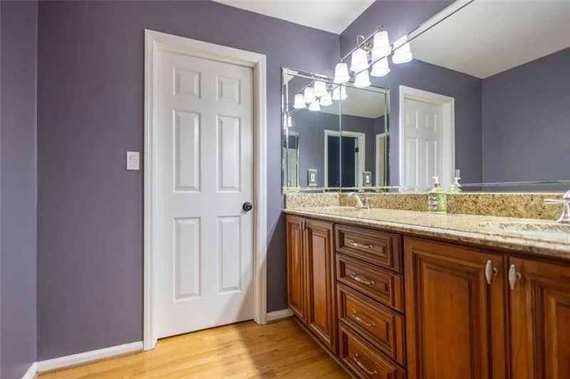 Bathroom with wood-type flooring and vanity