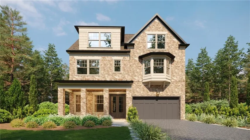 Brick facade home featuring a prominent bay window, covered porch entry, dormer window, and integrated garage