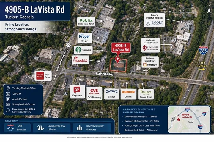 Marketing Brochure, Site Plan. Depicting the property's location, surrounding establishments, and access routes