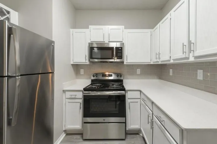 Kitchen featuring tasteful backsplash, light hardwood / wood-style flooring, stainless steel appliances, and white cabinetry