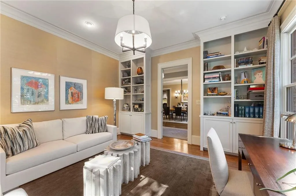 The built in shelving in the library provides a nice showcase for your favorite books and artwork.