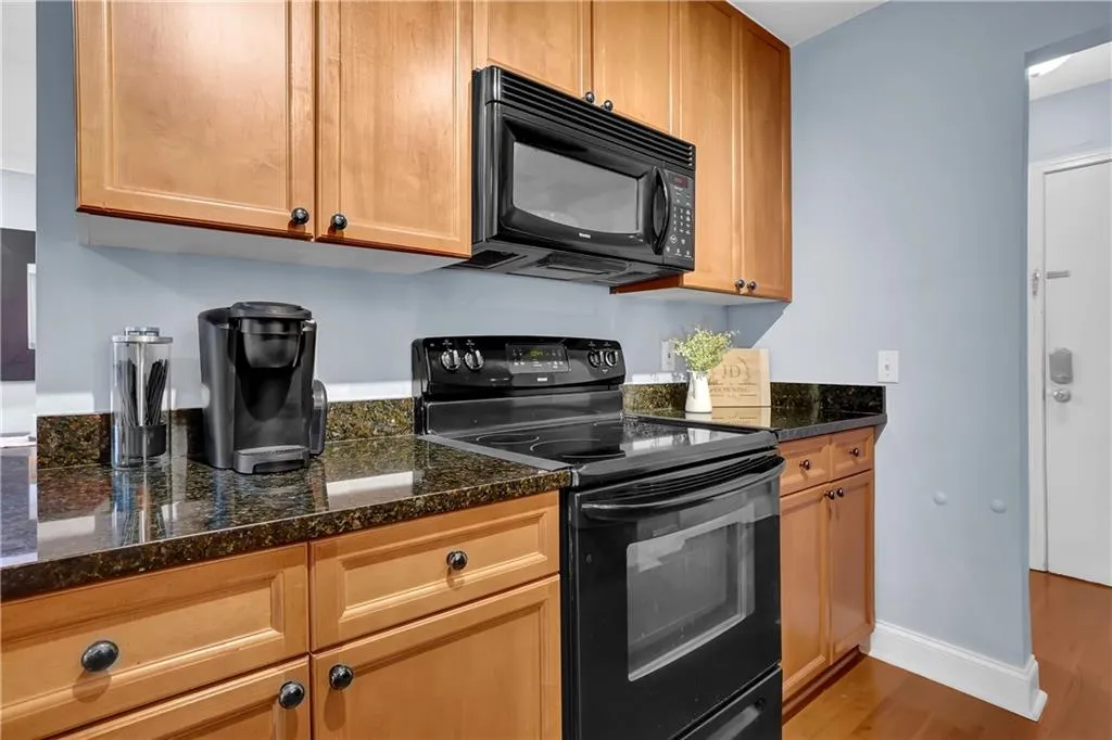 Kitchen featuring light hardwood / wood-style flooring, dark stone countertops, and black appliances