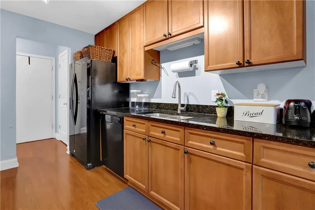 Kitchen featuring fridge, sink, dark stone counters, light hardwood / wood-style floors, and dishwasher