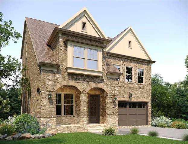 Brick exterior with stone accents, architectural shingle roof, arched entryway, gabled dormers, and an attached garage
