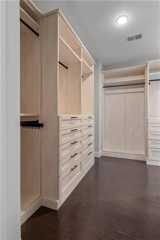 Spacious closet with visible vents and dark wood-style floors