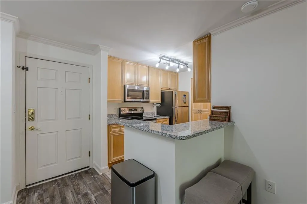Kitchen featuring a peninsula, dark stone counters, appliances with stainless steel finishes, light brown cabinets, and dark wood-style floors
