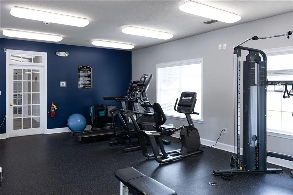Fitness room featuring durable rubber flooring, multiple windows providing natural light, a French door entry, overhead strip lighting, and a cable strength training machine