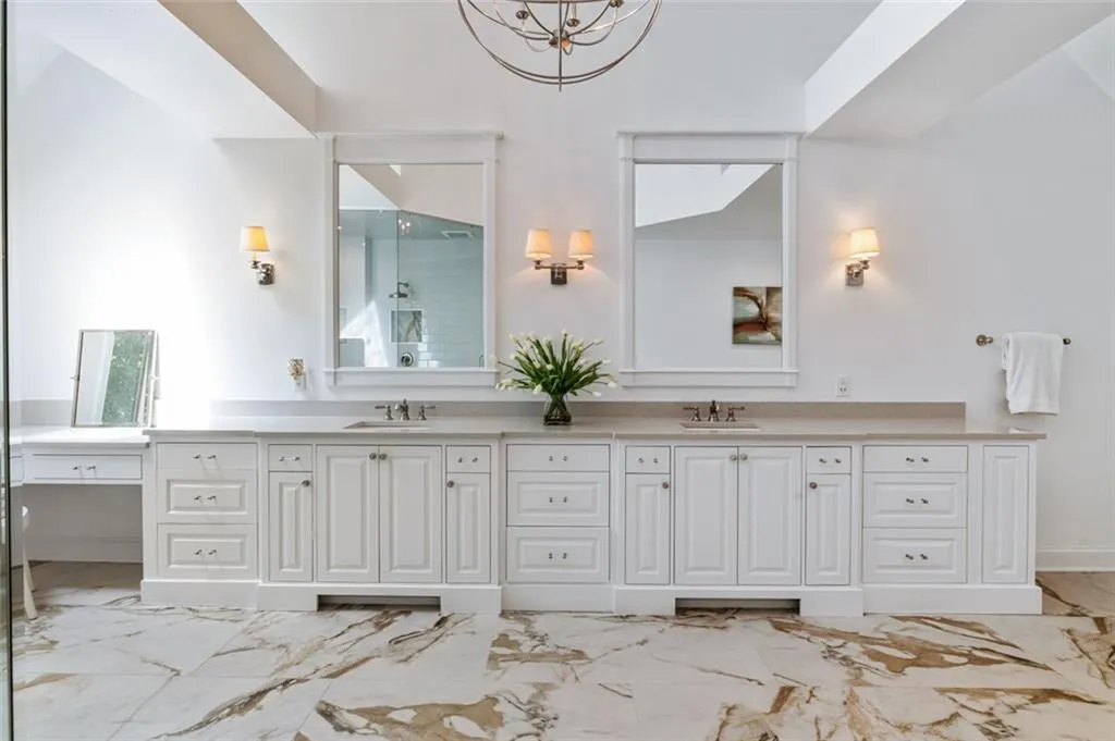 Dual Cambria Vanities with Make-Up Area