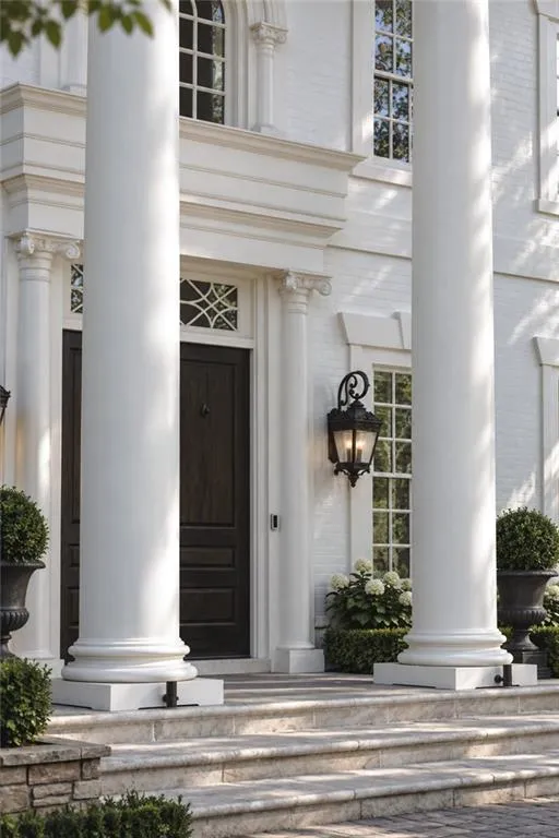 Grand entrance featuring substantial columns, intricate front door design, stone steps, and an ornate wall-mounted light fixture
