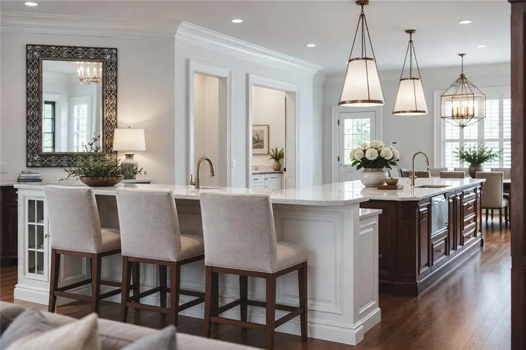 Kitchen featuring white countertops, a large dark wood island with integrated sink, wood-finish flooring, white paneled cabinetry, and pendant lighting