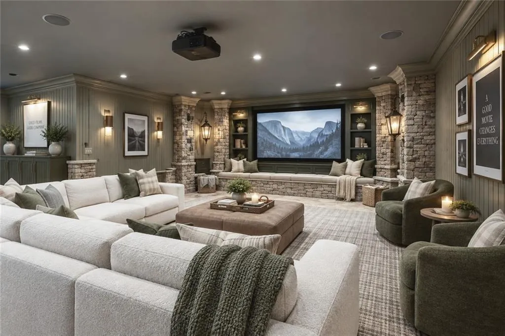 Integrated home theater system with large screen, built-in shelving, stone column accents, beadboard wall paneling, and recessed ceiling lighting