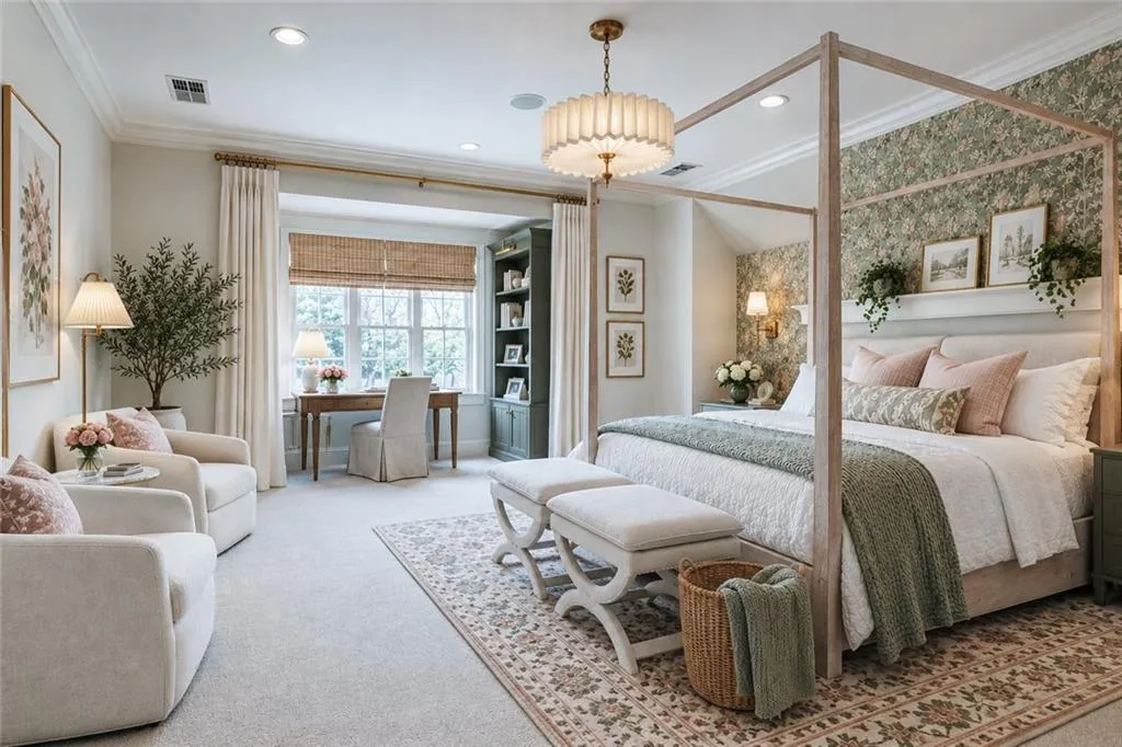 Virtually staged guest room with secret door through bookshelves.