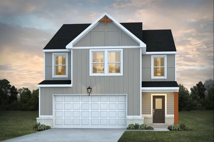 Contemporary two-story exterior with light gray siding, white trim, a dark asphalt shingle roof, and a prominent front entry with a dark door