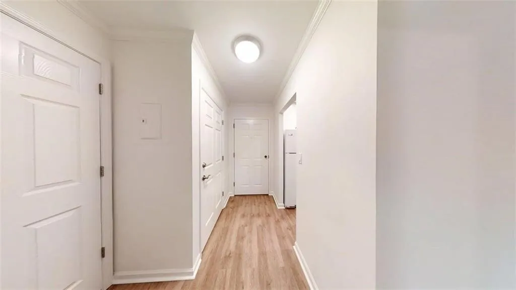 Hall featuring ornamental molding and light wood-style floors