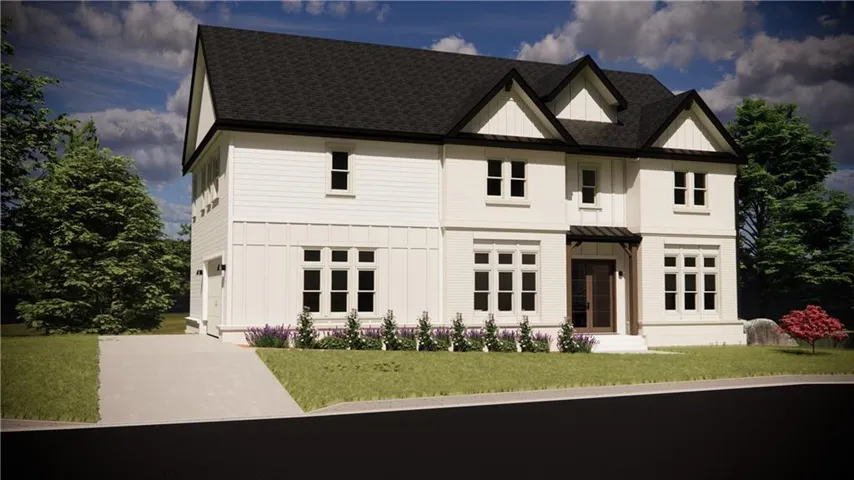 White siding exterior featuring board and batten accents, a dark asphalt shingle roof, multiple gables, and a prominent front entrance with an overhang