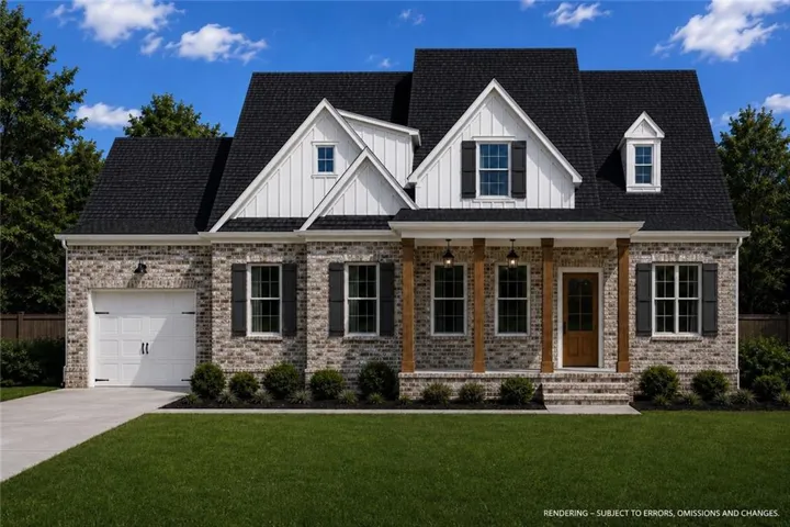 Craftsman-style home featuring a brick exterior with white board and batten gables, a covered front porch with timber columns, a dark shingle roof, and a two-car garage