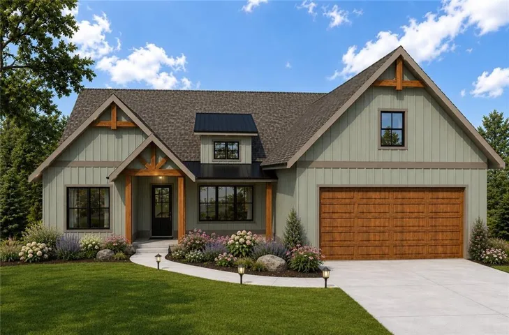 Craftsman-style home featuring board and batten siding, exposed wood beam accents, and a two-car garage with a wood-finish door.  **Please note that this is an AI Rendering of the home with virtual staging to give you the look and feel of the home and not an actual photo.