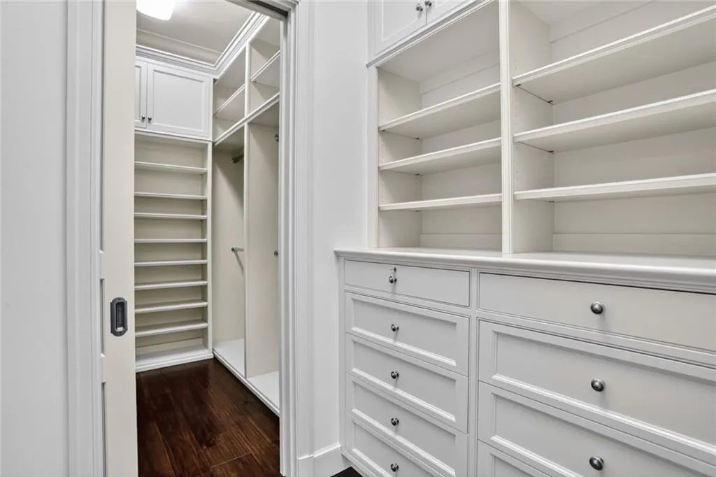 Spacious closet with dark wood-style flooring