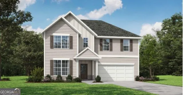 Two-story residence featuring light-toned siding, a dark shingled roof, a two-car garage, and multiple windows with dark shutters