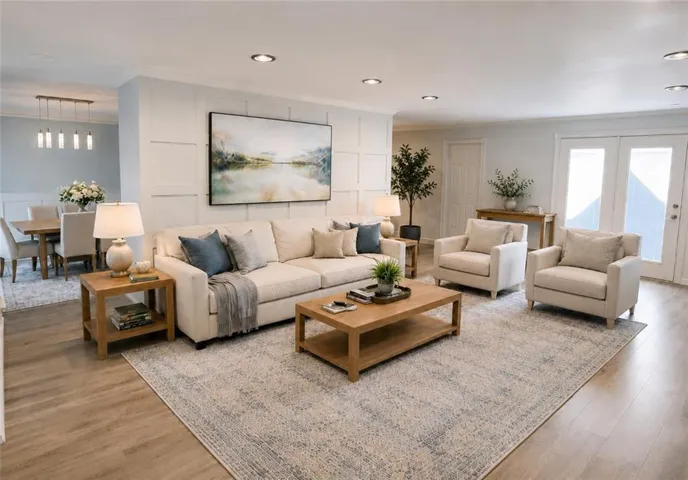 Spacious living area featuring LVP flooring, recessed lighting, and a board and batten accent wall.