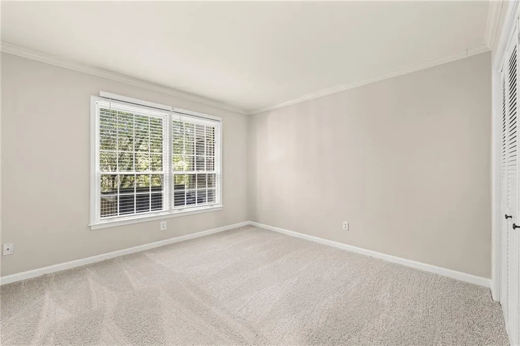 Bright interior room featuring a double window, light-toned carpeting, and a louvered closet door