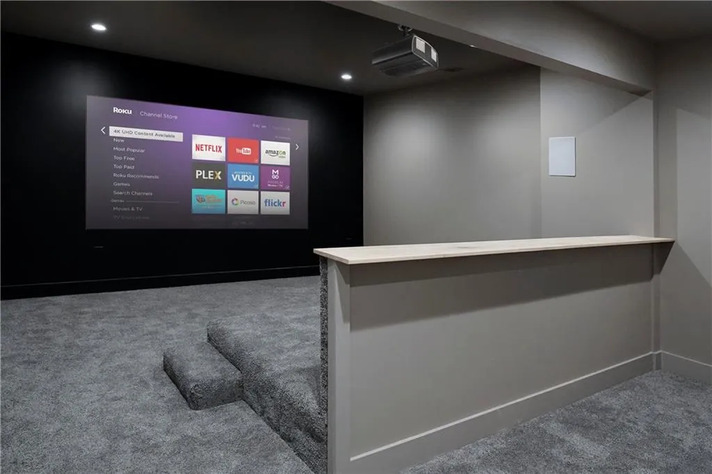 Home theater room featuring dark carpet and baseboards