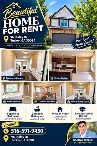 Real Estate Listing Flyer. Presenting property details, interior images, and contact information for a rental listing