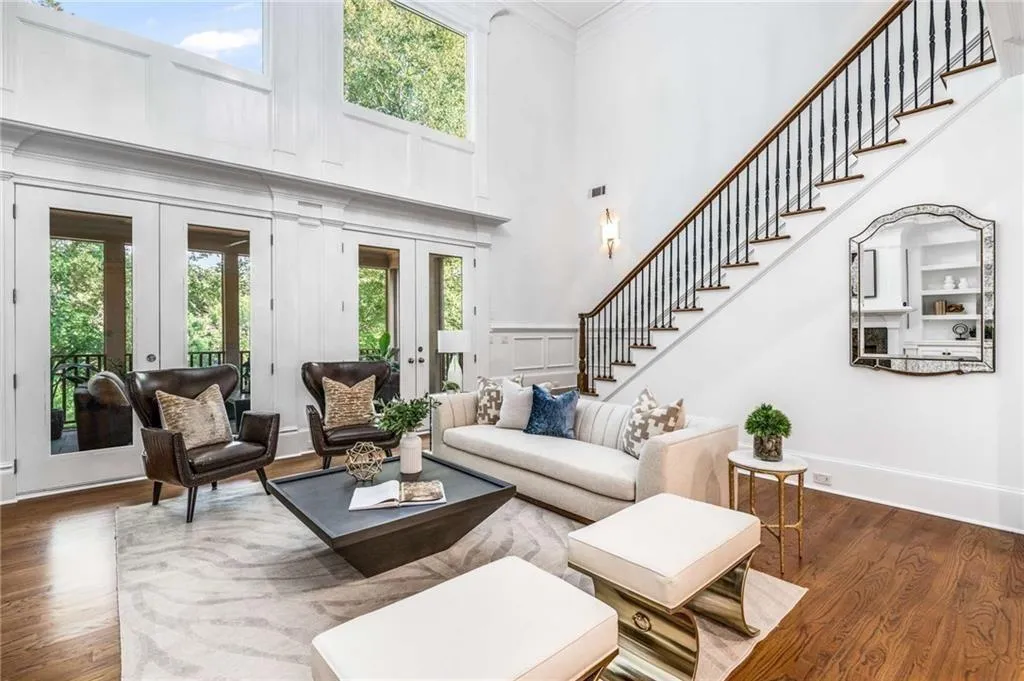 Rear facing stairs lead upstairs