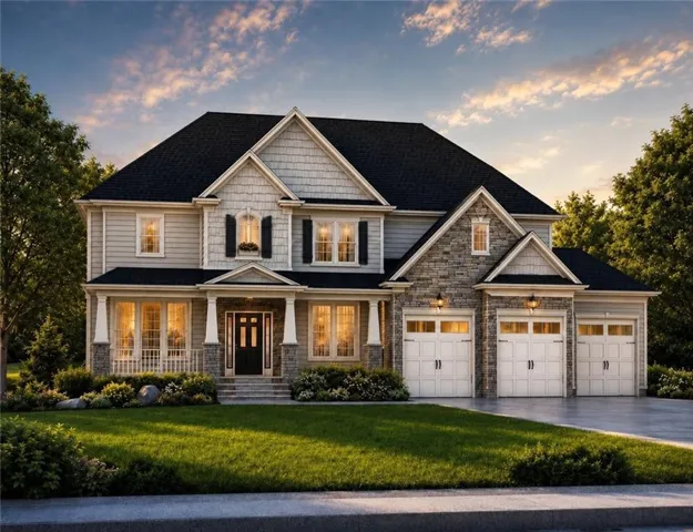 Two-story residence featuring a dark shingled roof, light-toned siding, and stone accents