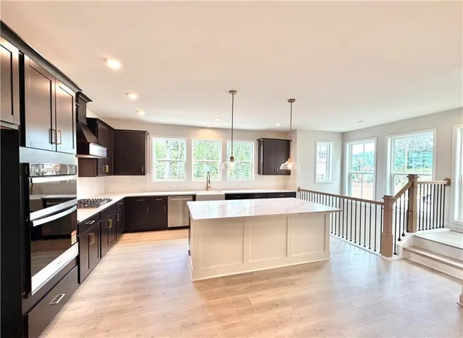 Open-concept kitchen featuring dark wood cabinetry, white countertops, built-in stainless steel appliances, a center island with pendant lighting, and light wood-finish flooring