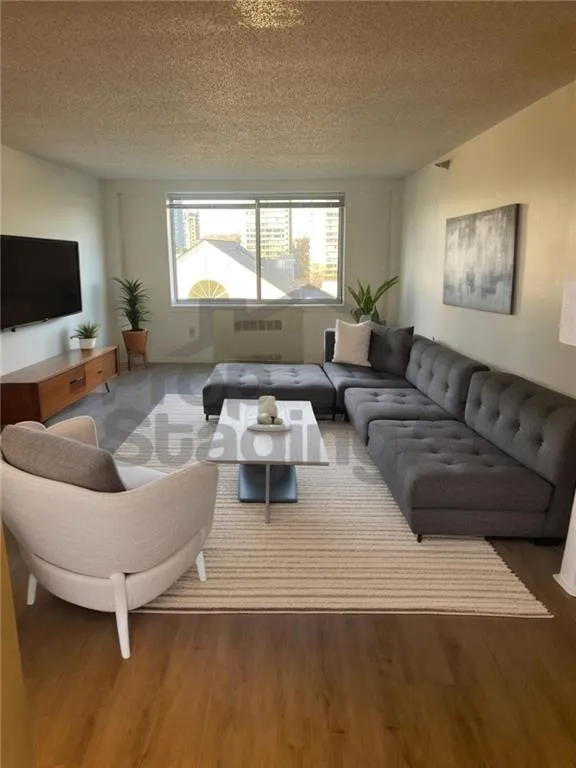Living room featuring wood finished floors, radiator, and a textured ceiling. Look at AI Staging what thing could be like with a vision!