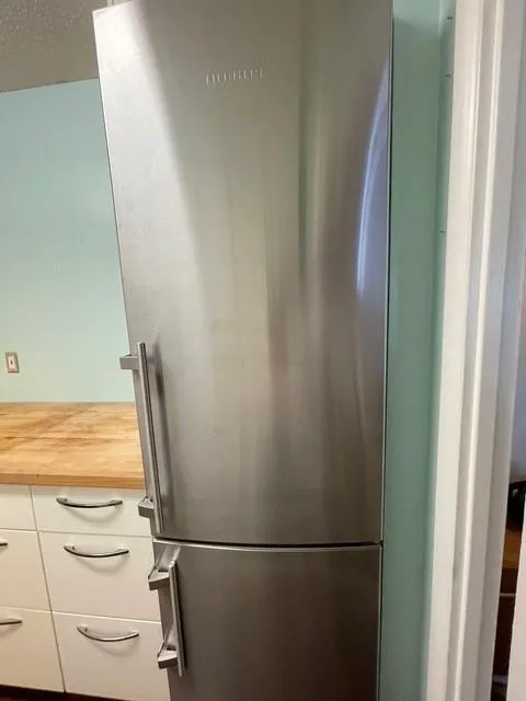 Room details featuring stainless steel fridge, white cabinets, and butcher block countertops