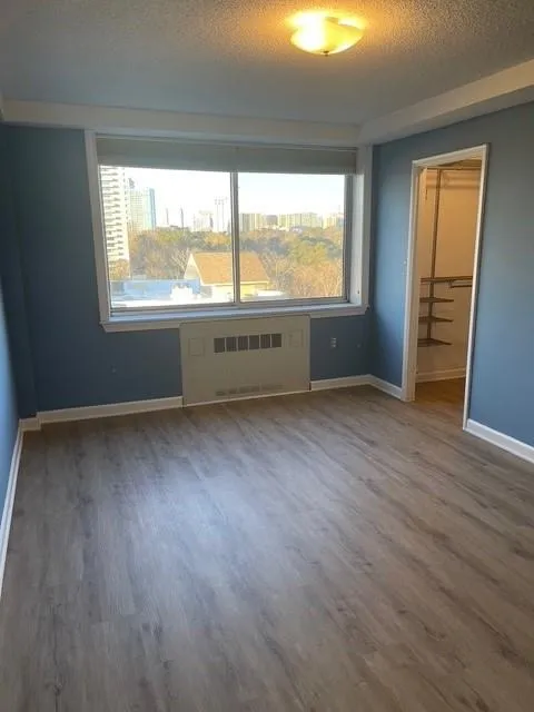 Unfurnished bedroom with a spacious closet, a closet, wood-type flooring, a textured ceiling, and radiator heating unit