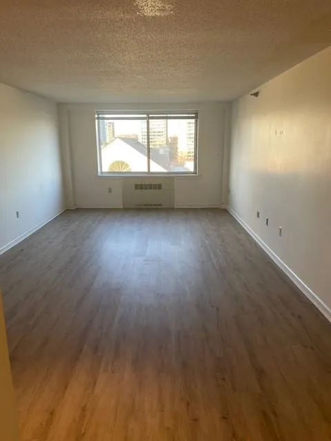 Unfurnished room featuring a textured ceiling, dark hardwood / wood-style flooring, and radiator heating unit