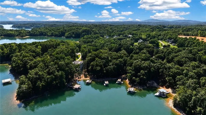 Waterfront property featuring private docks and mature trees
