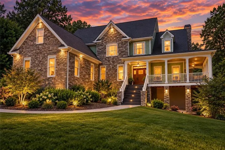 Stone exterior with gabled roof lines