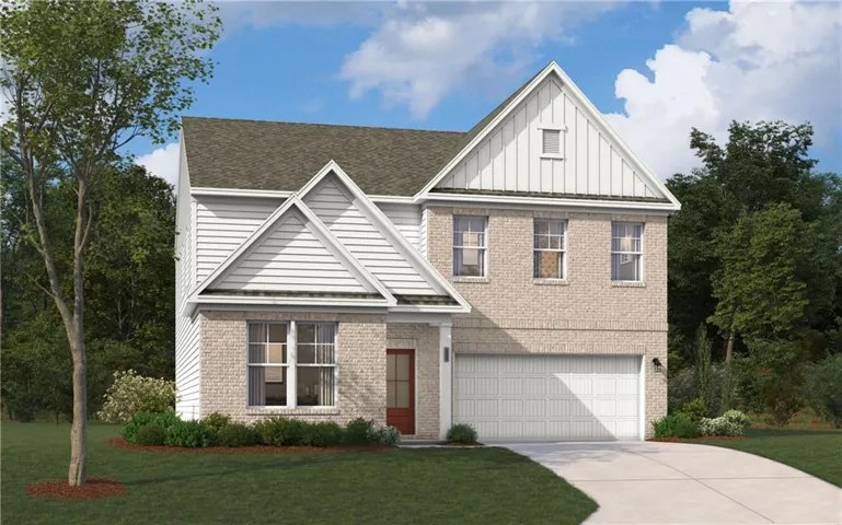 Two-story home with a light brick facade and white siding accents